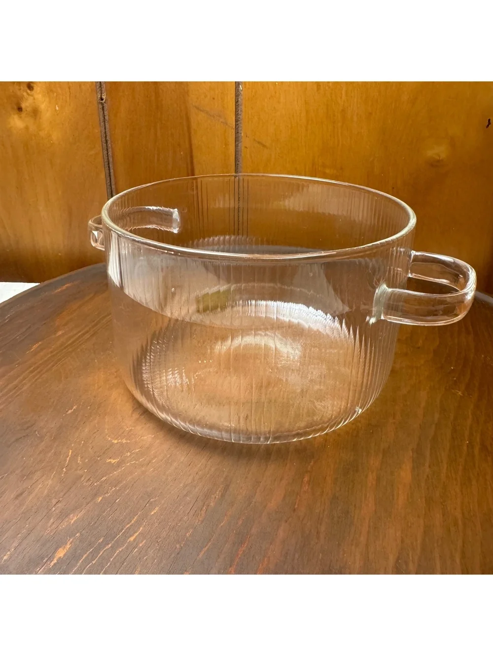 Vintage Clear Ribbed Glass Pot With Double Handles 6.5 Inch Serving Bowl